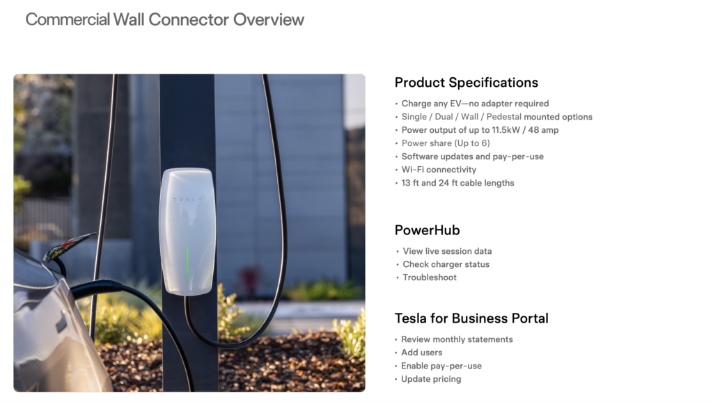 Tesla Wall Connector charging a vehicle outdoors with a large Commercial Wall Connector Overview heading and product specs beside it on the page