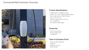 Tesla Wall Connector charging a vehicle outdoors with a large Commercial Wall Connector Overview heading and product specs beside it on the page