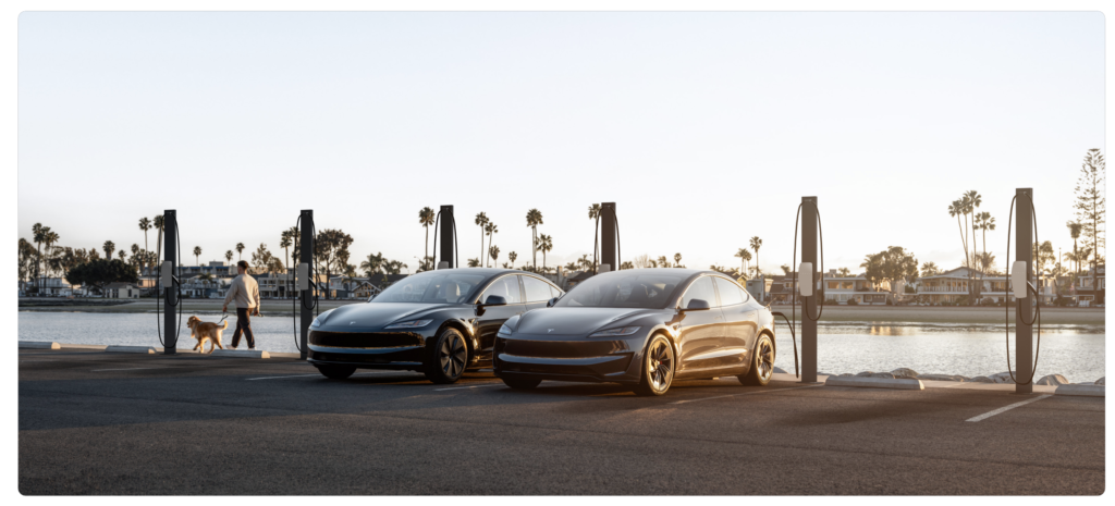 Two Tesla style electric cars parked at a waterfront charging station during sunset with a man walking a dog in the background