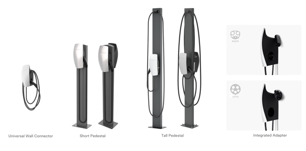 Tesla EV charging hardware lineup Universal Wall Connector Short Pedestal Tall Pedestal and Integrated Adapter