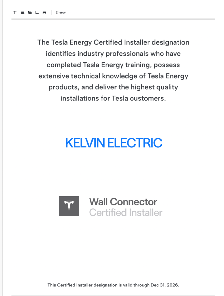 Tesla Energy Certified Installer page showing Kelvin Electric banner and Wall Connector Certified Installer logo